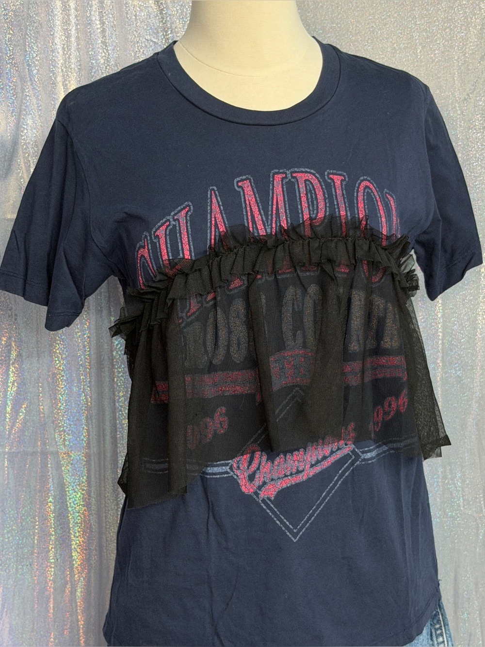 Topshop Grunge Ruffle Mesh Graphic T-Shirt 1996 Cross Country US 6
